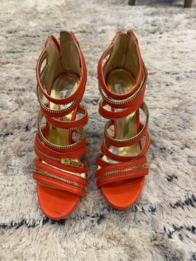 Orange Multi-Zip Strappy High Heel Sandals
